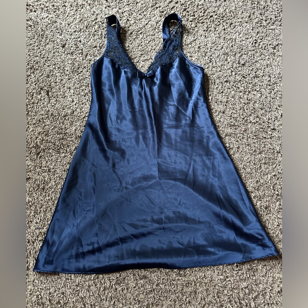 Expressions Midnight Blue Satin Chemise with Lace